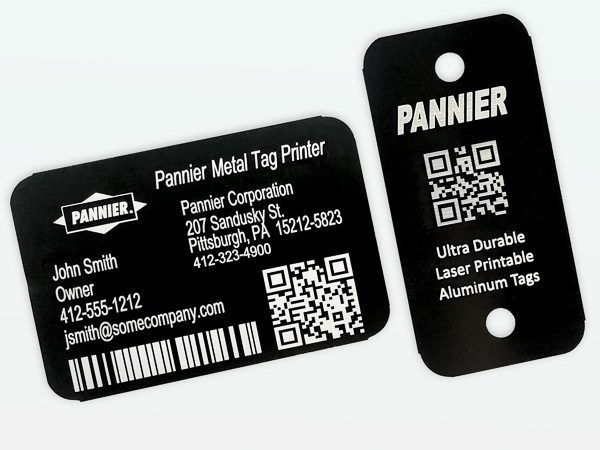 black anodized aluminum labels printed with bar codes, QR codes, and text