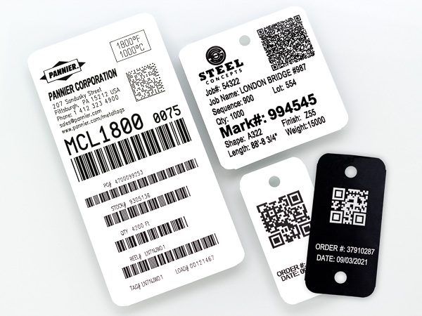 white stainless steel and black anodized aluminum tags laser printed with bar codes and QR codes