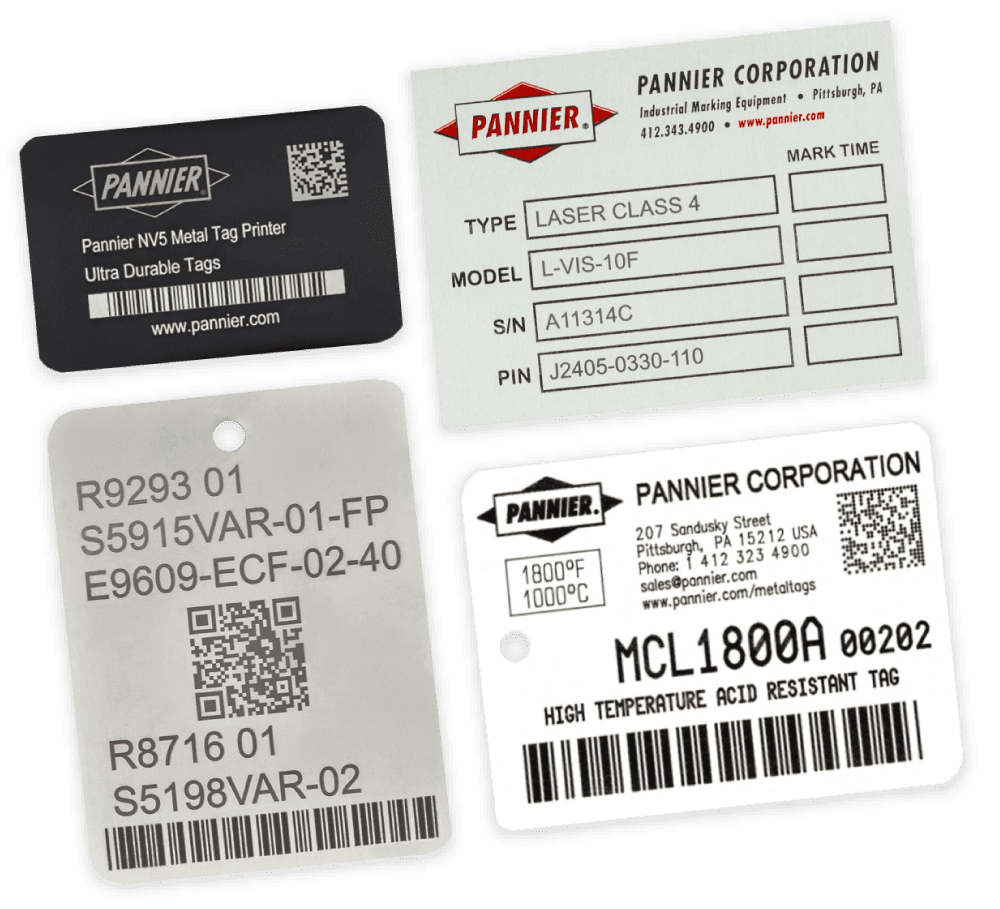 aluminum serial plate, stainless steel data plates, and metal identification tags laser printed with bar codes, QR codes, and text