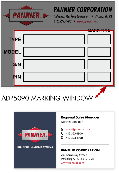 illustration comparing the ADP5090 marking area window with the size of a business card