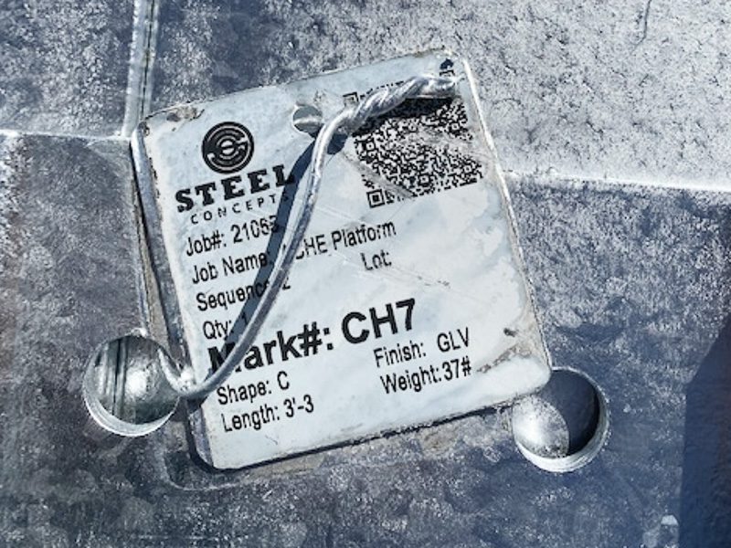 QR code tag attached to a piece of steel that has been through the hot dip galvanizing process