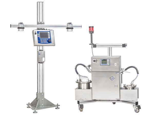 pigment-based DOD ink jet printer components mounted on a stand and cart for installation into a production line