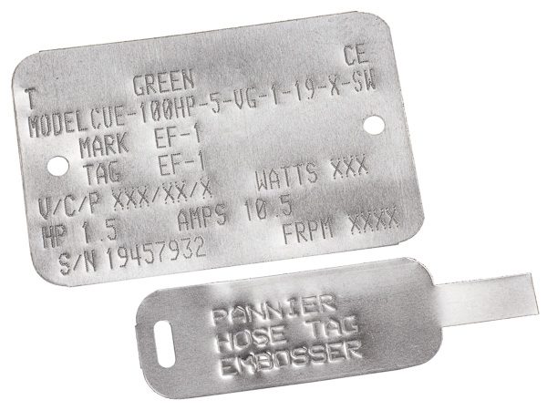 two embossed aluminum tags, one with several lines of text and a hole, the other a self-attaching hose and cable tag