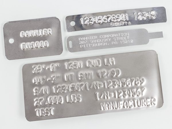 embossed aluminum tags in different sizes and shapes