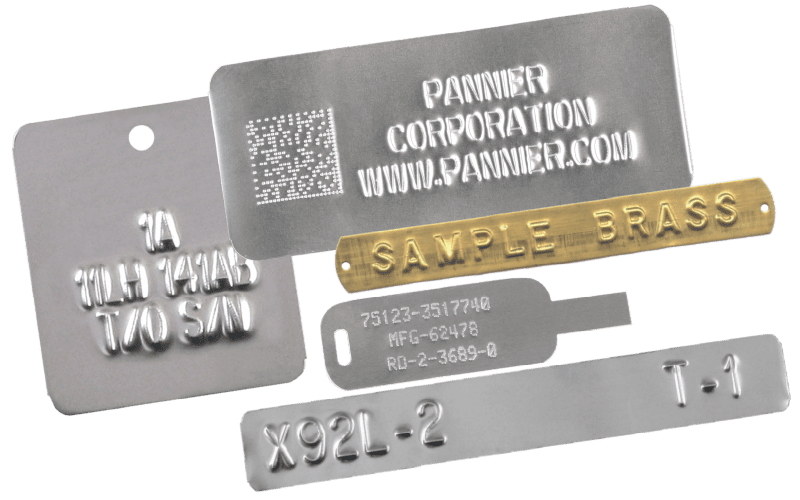 variety of metal tags embossed with data, text, and 2D Data Matrix codes