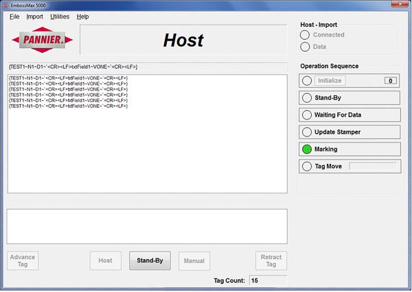 Pannier EmbossMax software screen shown in host data entry mode