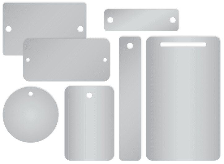 blank stainless steel tags in square, rectangular, and round shapes