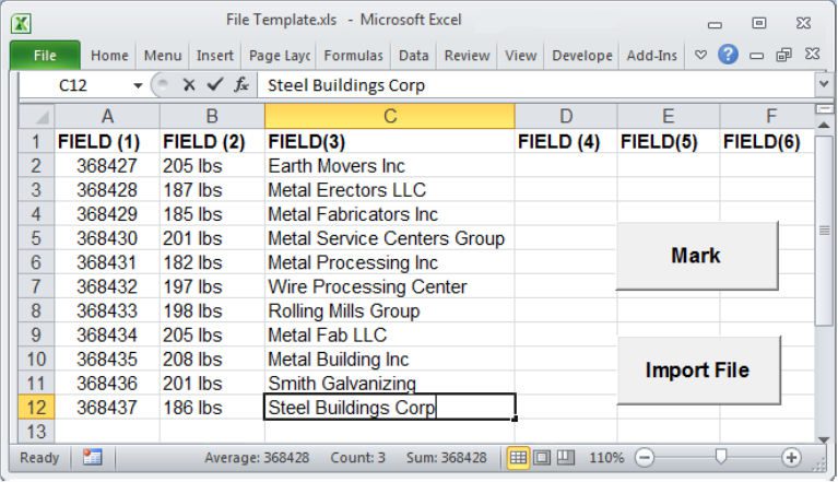 Pannier Simple Spreadsheet data transfer program showing three columns of data in Excel for transfer to a dot peen machine for marking